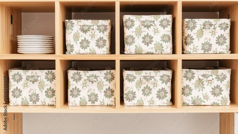 Fototapeta premium Wooden storage shelf with multiple floral patterned fabric storage boxes.