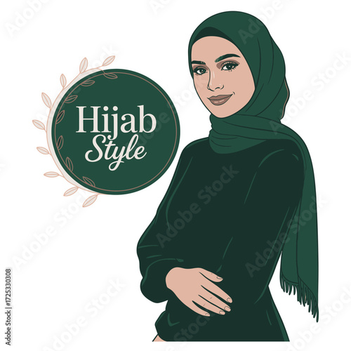 Hijab style fashion Muslim woman modest clothing. Islamic female apparel portrait, modern women's wear, graceful elegance.