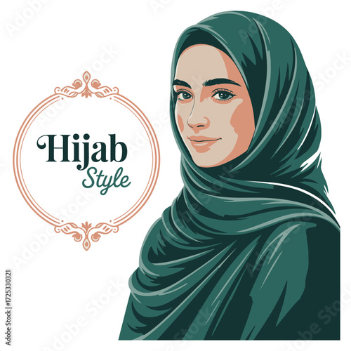 Hijab style fashion portrait. Elegant Muslim woman headscarf beauty. Modesty adornment. Feminine attire. Islamic tradition.