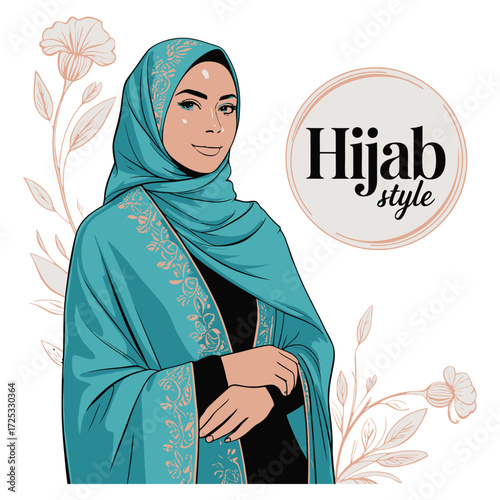 Hijab style fashion. Woman, turquoise headscarf, floral embroidery, soft background. Muslim elegance.