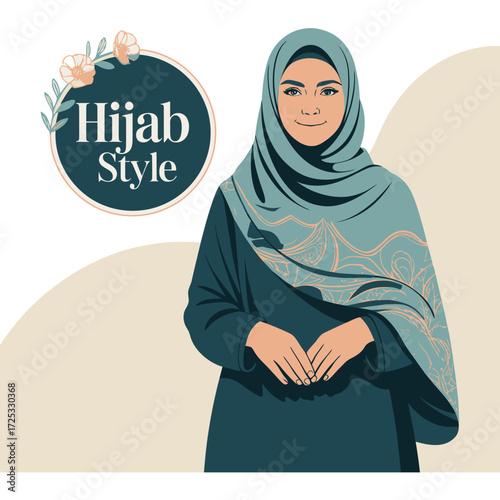 Hijab style fashion. Woman, modest attire, elegant headscarf, subtle floral background. Cultural beauty.