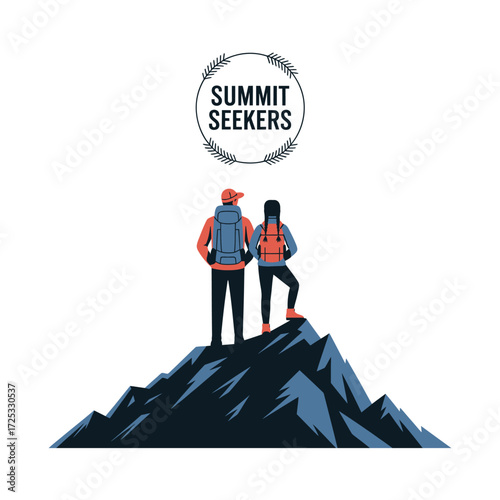 Hikers at mountain summit, Summit Seekers brand logo, adventure outdoor exploration, travel journey