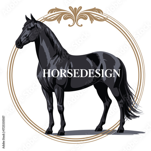 Stunning black equine standing in ornate golden frame, representing grace and nobility, equestrian elegance