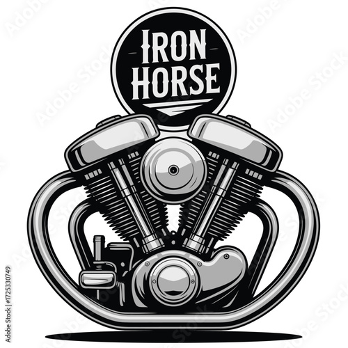 Iron Horse motorcycle engine, V-twin illustration. Biker club, chopper engine, power machine, vintage motor.