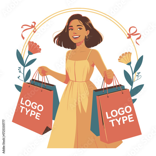 Joyful woman with shopping bags. Floral decoration frame. Fashion, retail, consumerism, happy buyer.