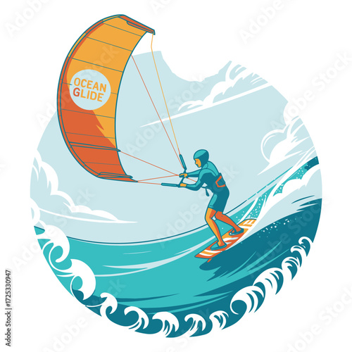 Kitesurfer riding ocean wave, extreme watersport, Ocean Glide adventure, windsurfing thrill, summer fun