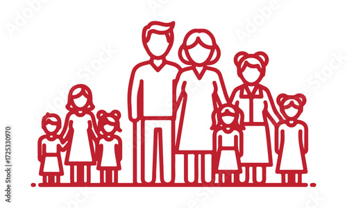 A simple, red outline illustration shows a multi-generational family, including parents, older children, and younger children, standing together.