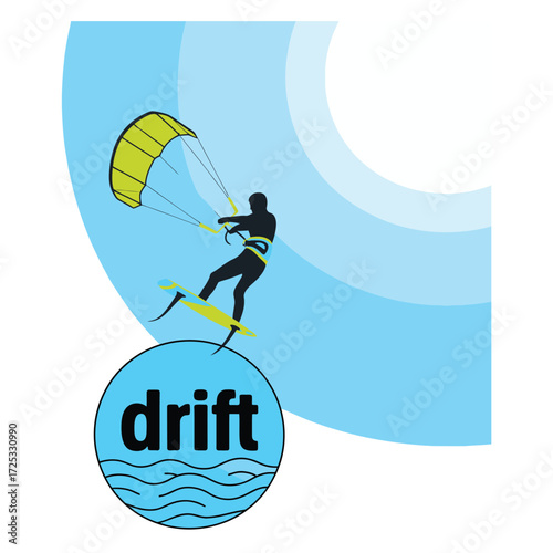 Kitesurfing sport emblem. Kitesurfer on hydrofoil board. Kitesurfer with kite illustration. Watersport athlete.