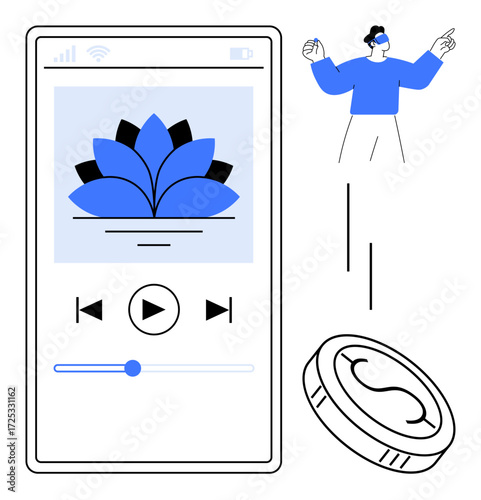 Smartphone screen showing meditation app interface with lotus design, play controls, and volume slider. Person gesturing nearby with a coin symbolizing investment. Ideal for mindfulness, tech, calm