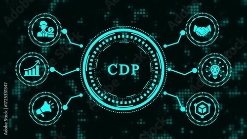 Futuristic cdp concept with icons and data flowing on a digital screen, representing customer data platform, personalization, and customer experience