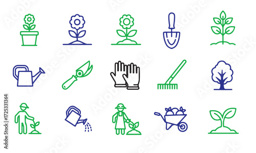 Gardening icons set featuring plants tools and people