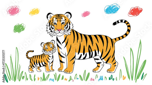 ​A charming illustration of a mother tiger and her cub standing together in a grassy field on transparent background.