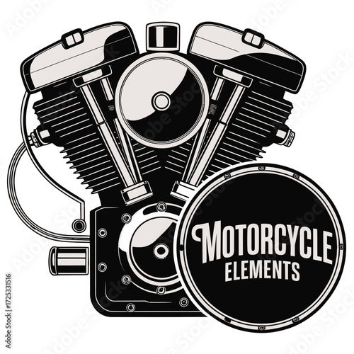 Motorcycle V-Twin engine, mechanical components, chrome parts, Motorcycle Elements brand, speed machine, motor sport.