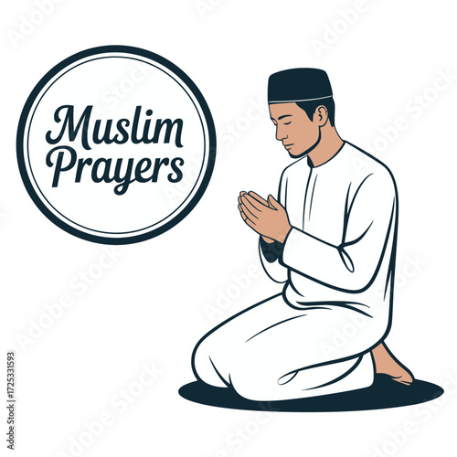 Muslim man in traditional clothing praying. Text Muslim Prayers nearby. Islamic religious devotion. Peaceful spiritual worship.