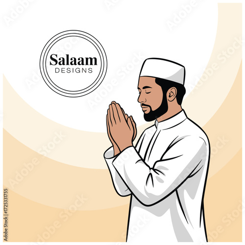 Muslim man praying, Islamic prayer, devout worship, traditional attire, spiritual practice, cultural ritual, peaceful.