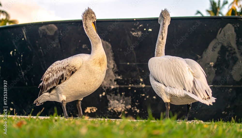 Obraz premium Two pelicans stand facing each other near a dark wall