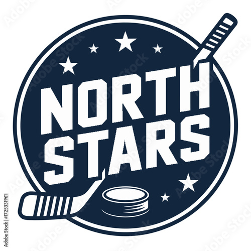 North Stars hockey team logo sports club championship competition. Winter game equipment puck sticks.