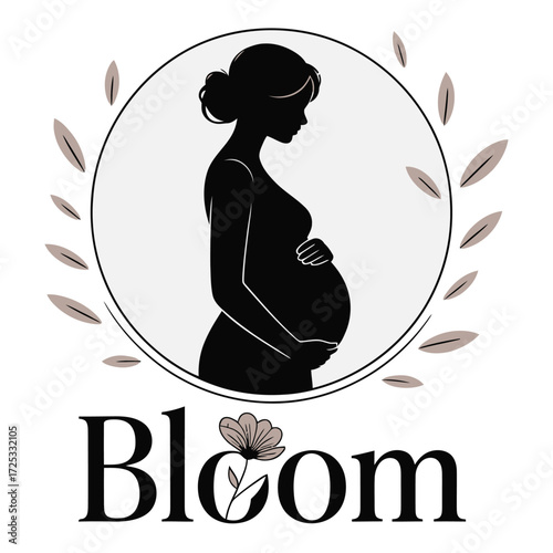 Expectant mother outline with foliage circle, pregnancy logo, Bloom lettering with flower