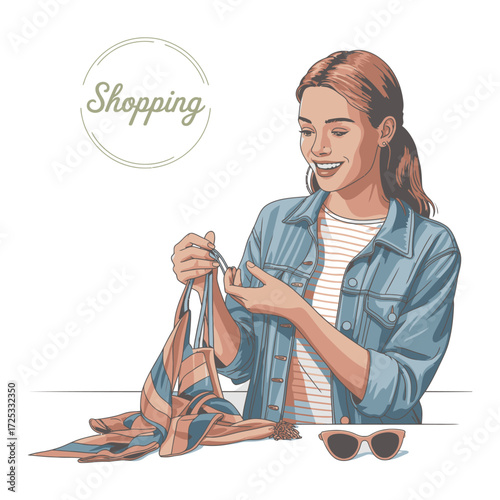Happy woman unpacking new scarf, shopping spree, retail therapy, fashion discovery, smiling customer.