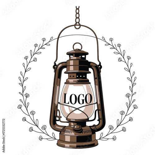 Vintage kerosene lantern; hanging lamp; floral wreath frame; rustic lighting emblem; old-fashioned illumination symbol.