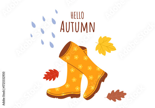 Yellow rubber boots with floral pattern, autumn leaves, and raindrops. Cute seasonal illustration symbolizing rainy weather and fall vibes. Perfect for cards, posters, and seasonal decor.
