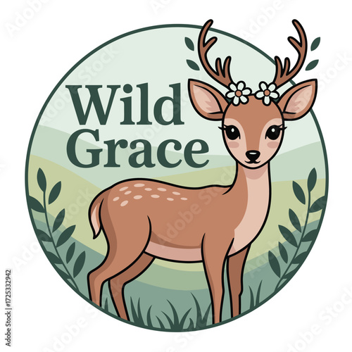 Cute fawn deer with antlers flowers; wild grace round badge; forest woodland creature emblem.