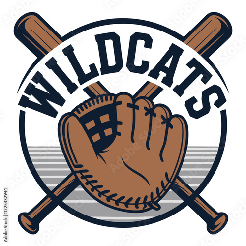 Wildcats baseball logo. Crossed bats, baseball glove. Sporting club emblem. Championship team identity.