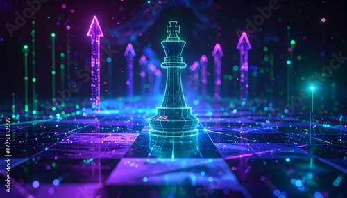 Wallpaper Mural A digital chess board with a glowing king piece and upward arrows, symbolizing strategy and progress. The futuristic, neon aesthetic evokes a sense of innovation and strategic thinking Torontodigital.ca