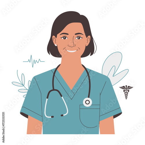 Female physician or nurse portrait. Medical worker smiling. Health care staff. Medical profession.