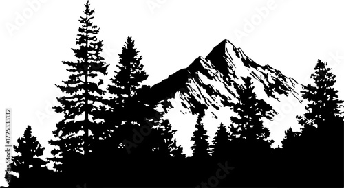 Silhouette of a tree in the forest, snow, winter, tree, forest, mountain, landscape, nature, pine, mountains, sky, cold, trees, white, fir, christmas, fog, vector, wood, frost, branch, evergreen