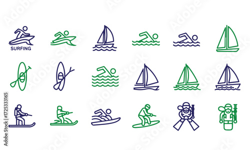 Collection of olympic water sports pictograms in blue and green