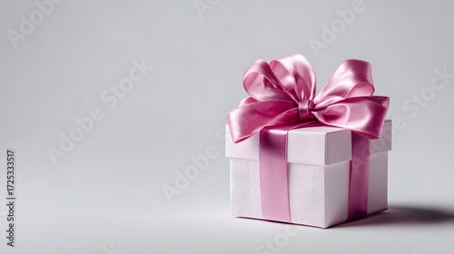 An elegant white gift box adorned with a luxurious pink satin bow and ribbon presented on a clean soft gray studio background with ample copy space