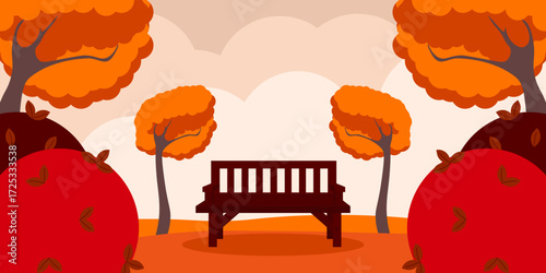Autumn. Vector illustration of golden Autumn landscape. Autumn Frame from Autumnal tree bush and empty bench. Perfect web season banner layout. EPS 10