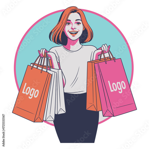 Young smiling woman holding shopping bags. Happy person shopaholic lifestyle. Female consumer customer portrait.