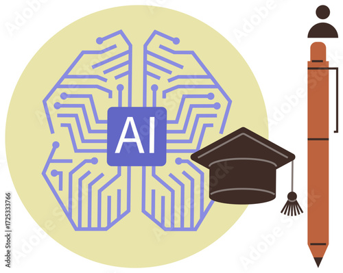 Digital brain circuit with AI, graduation cap, pen, educational toolset. Ideal for technology, AI integration, education, innovation, learning digital transformation simple flat metaphor