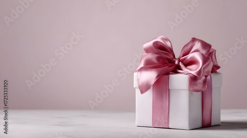 Elegant white gift box with a luxurious pink satin bow on a soft pink background suggesting a special occasion
