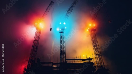Construction cranes working at industrial site with dramatic lights HD Video 4K