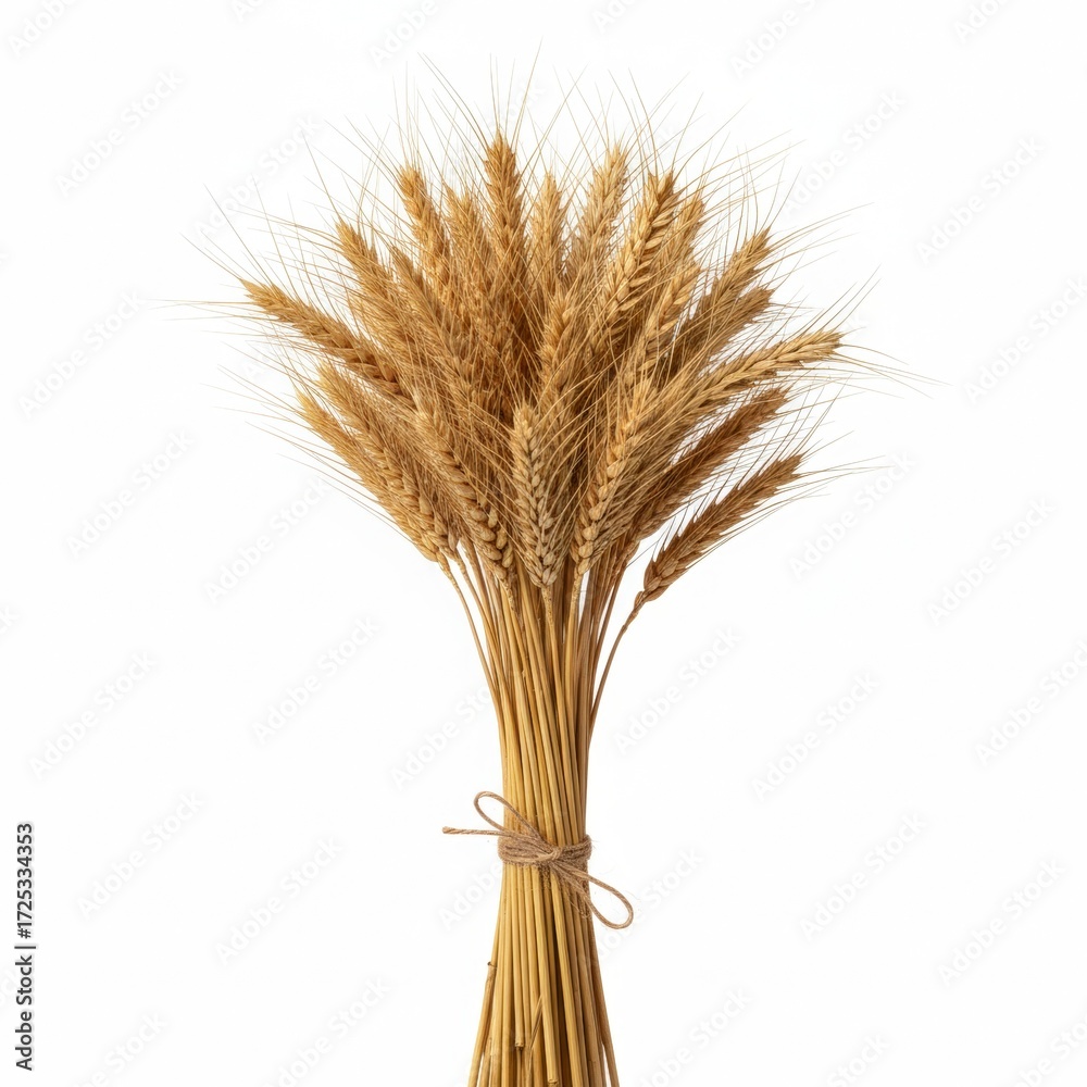 Fototapeta premium Golden sheaf of ripe wheat tied with rustic twine, displayed against a pristine white background, evokes images of harvest, agriculture and natural beauty .