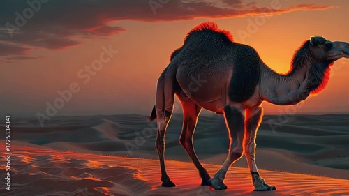 Camel walking in desert sunset with golden background HD Video 4K