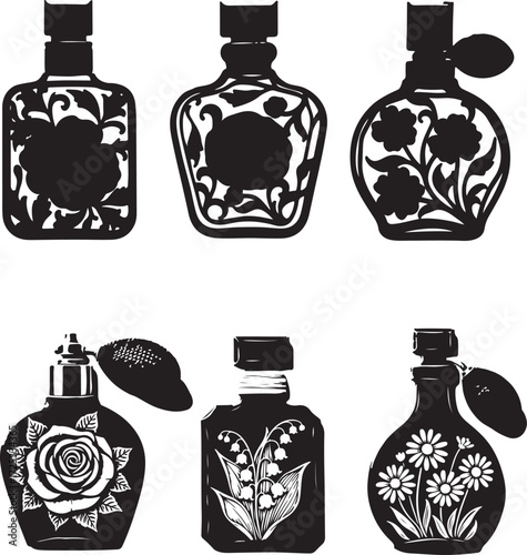 Vintage perfume bottles with floral designs rose lily of the valley