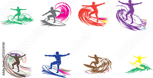 Surfers riding colorful waves surfing ocean