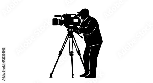 A professional cameraman operates a large video camera on a sturdy tripod, capturing important footage for broadcast news or a documentary film production.