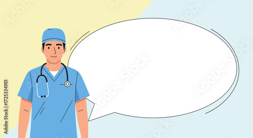 A friendly male medical professional in blue scrubs stands beside a large empty speech bubble, ready for important healthcare communication.
