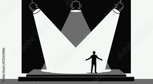 A solitary figure stands under the intense glare of three powerful spotlights on a dark stage, symbolizing performance, public attention, and recognition.