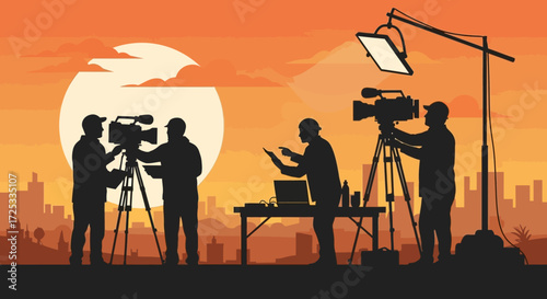 A professional film crew works diligently on an outdoor movie set, capturing cinematic footage against a stunning sunset cityscape backdrop.