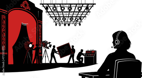 This stylized illustration vividly portrays the intricate behind-the-scenes work of a theater or film production, with crew preparing lights and props.
