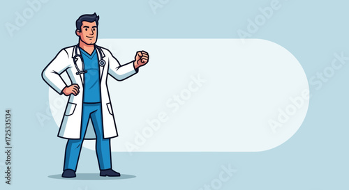 A confident male doctor, wearing a white lab coat and stethoscope, stands ready to provide expert medical advice, with ample blank space for custom health info.