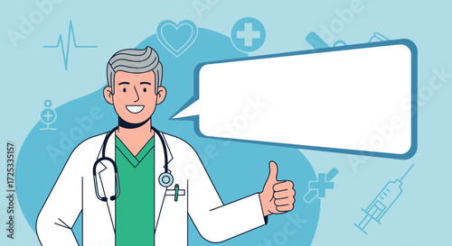 A friendly cartoon doctor in a lab coat and stethoscope gives a thumbs-up, with a blank speech bubble ready for important health messages.