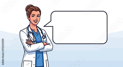 A friendly female doctor illustration stands confidently with crossed arms, ready to communicate important medical information via a blank speech bubble.