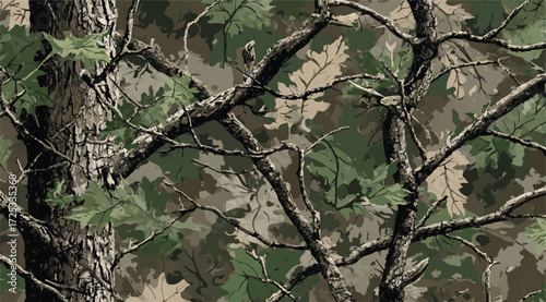 Real tree forest camouflage seamless pattern design pattern for hunting and military uniform. Hunting camouflage. Vector camouflage background. Digital camouflage. Abstract